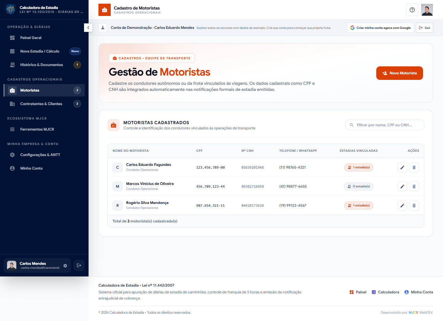 Tela de gestão de motoristas da Calculadora de Estadia